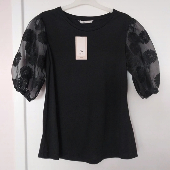 tu Tops - Tu woman black sunflower puff sleeve mesh blouse top shirt - 10